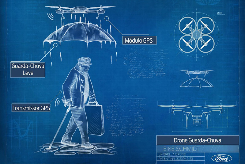Ford cria conceitos inovadores de drones que servem como guia de cegos, primeiros-socorros, guarda-chuva e até babá de cachorros