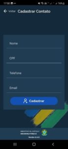 Tela de cadastro do aplicativo Celular Seguro